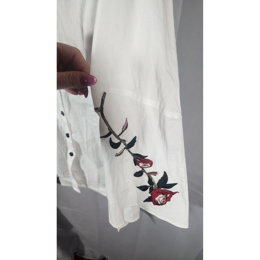 Mishca White Cotton Floral Embroidered Button Down Tunic Top Boho Artsy Large - Picture 3 of 7